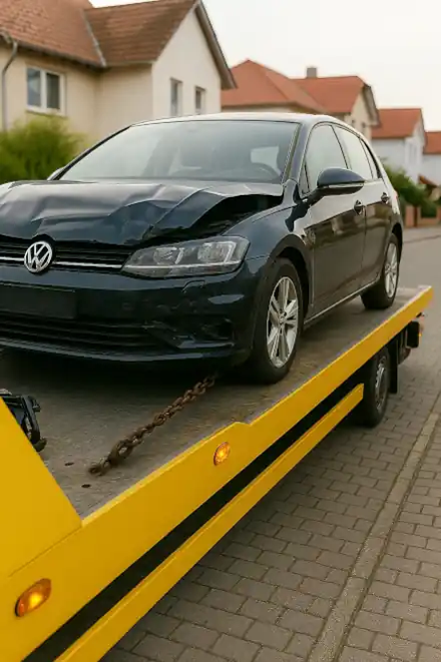 Ein defektes Fahrzeug wird zum Autoankauf in Gütersloh abgeschleppt.